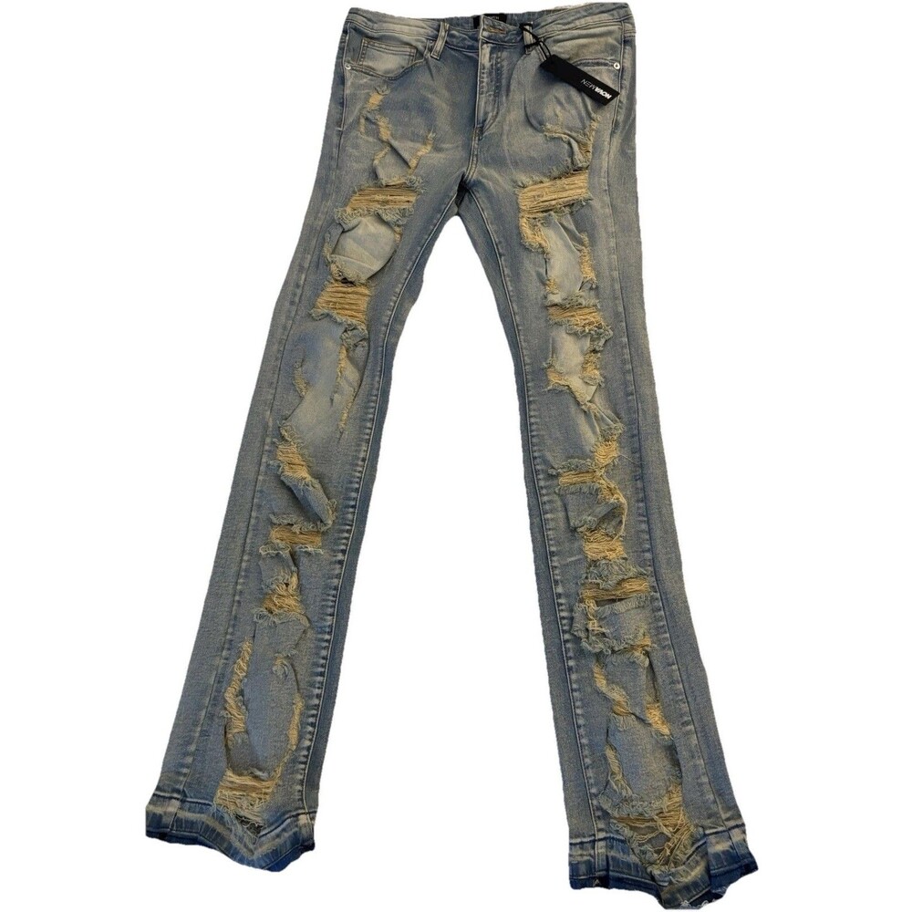 NOVA MEN Skinny Flare Jeans Light Blue Distressed Denim 5-Pocket Design New